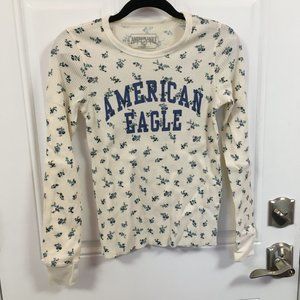 American Eagle Long Sleeve Thermal Shirt White W/ Blue Flowers Am Eagle Spellout